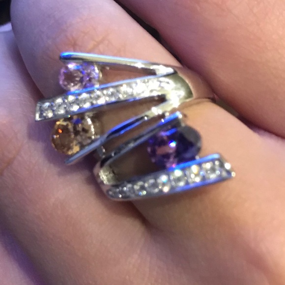 Sterling Silver Ring, purple pink  AAA CZ  faceted Stones, unique statement ring - Picture 8 of 11